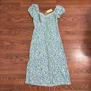 Monteau blue floral puff-sleeve midi dress